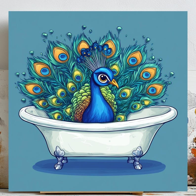 Peacock in Bathtub Art, Canvas or Poster, Funny Bathroom Decor, Animal Wall Art, Whimsical Home Decor, Modern Bathroom Wall Design