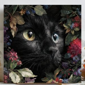 Black Cat Wall Art, Canvas or Poster, Floral Animal Portrait, Modern Cat Decor, Bedroom Wall Art, Living Room Art, Botanical Cat Print