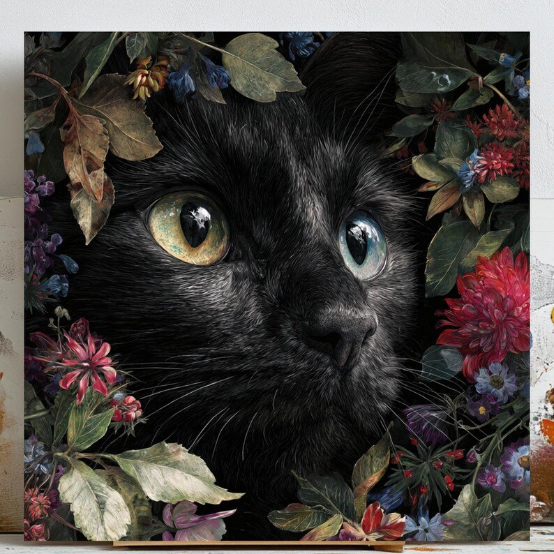 Black Cat Wall Art, Canvas or Poster, Floral Animal Portrait, Modern Cat Decor, Bedroom Wall Art, Living Room Art, Botanical Cat Print