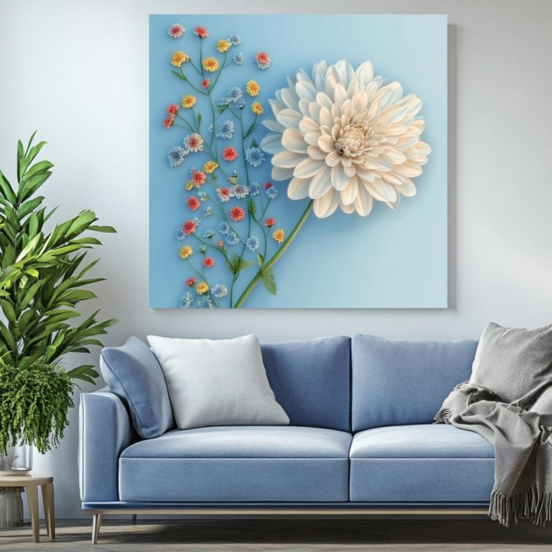 White Chrysanthemum Floral Print: Soft Blue Botanical Wall Art - Image 4
