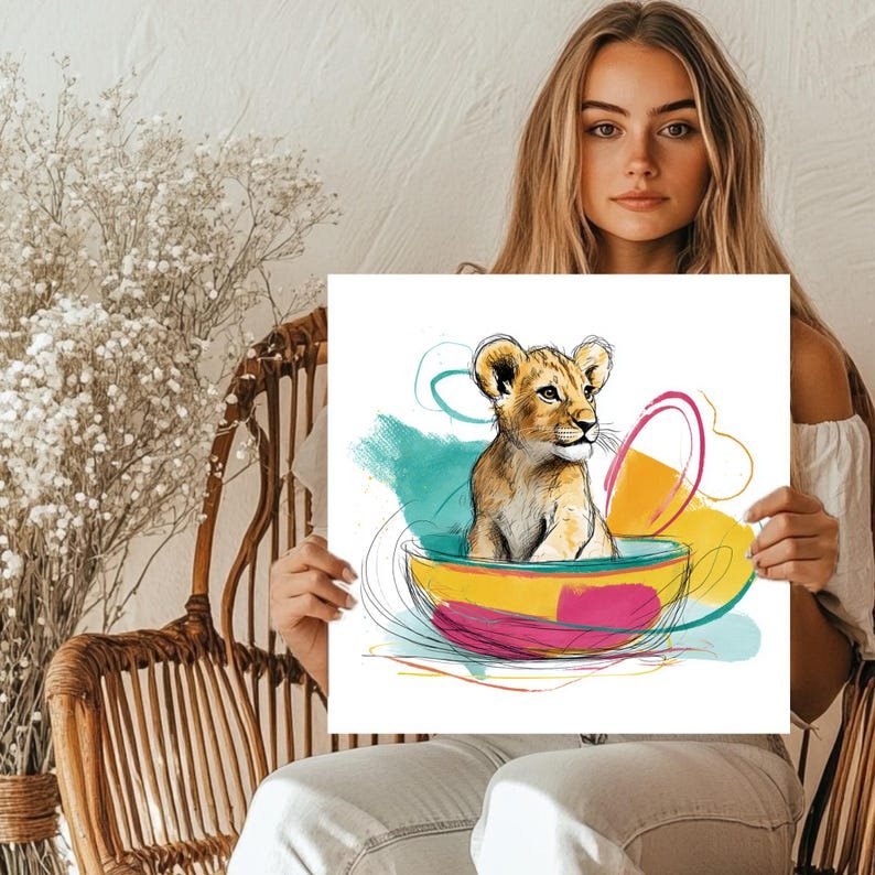 Lion Cub in Teacup Wall Art, Canvas Or Poster, Whimsical Safari Nursery Decor, Colorful Animal Art, Kids Playroom Wall Decor, Cute Baby Gift - Image 5