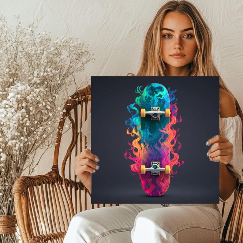 Colorful Flaming Skateboard Canvas or Poster, Modern Skater Wall Art, Vibrant Fire Board Design, Teen Room Decor, Gift for Skate Lovers - Image 5