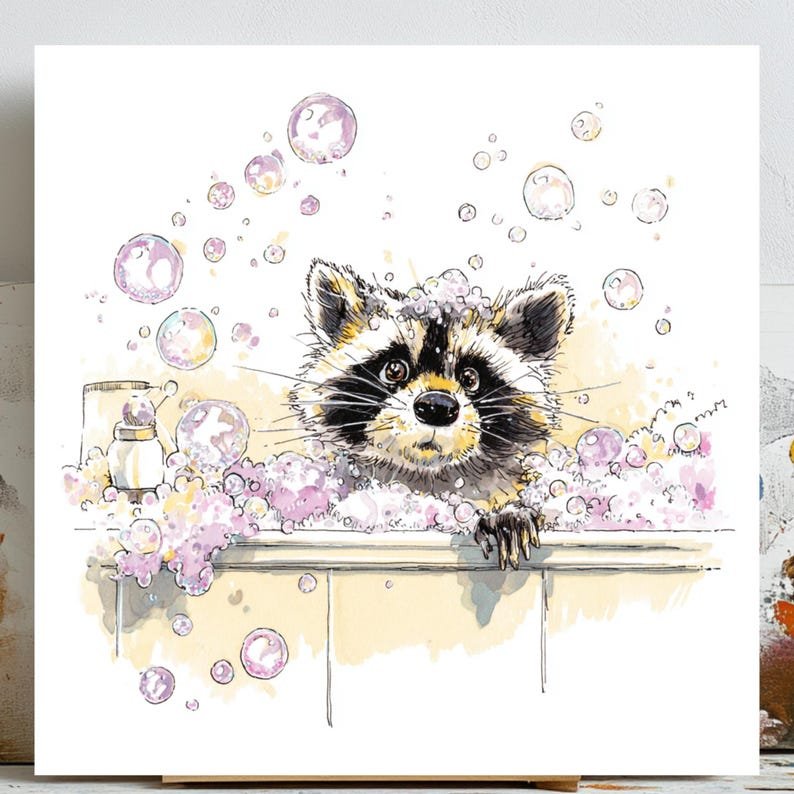 Raccoon In Bathtub, Canvas Or Poster, Bathroom Decor, Bathroom Wall Art, Animal Decor, Modern Decor, Raccoon Wall Art, Bathroom Wall Hanging