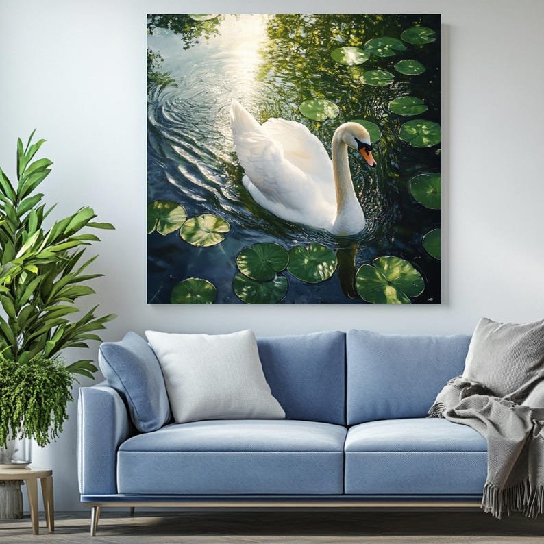 Swan Pond Wall Art, Canvas or Poster, Nature Inspired Decor, Elegant Bird Art, Serene Water Lily Painting, Living Room Wall Art, White Swan - Image 4