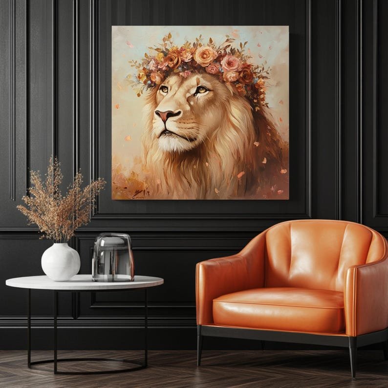 Lion With Flower Crown, Canvas Or Poster, Animal Wall Art, Wildlife Decor, Lion Wall Decor, Living Room Wall Art, Safari Home Art - Image 3