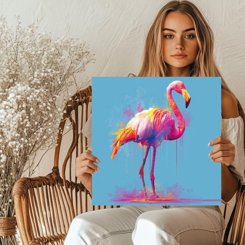 Flamingo Art, Canvas or Poster, Abstract Bohemian Glam Decor, Living Room Bedroom Wall Art, Multicolor Pink Blue Orange - Image 5