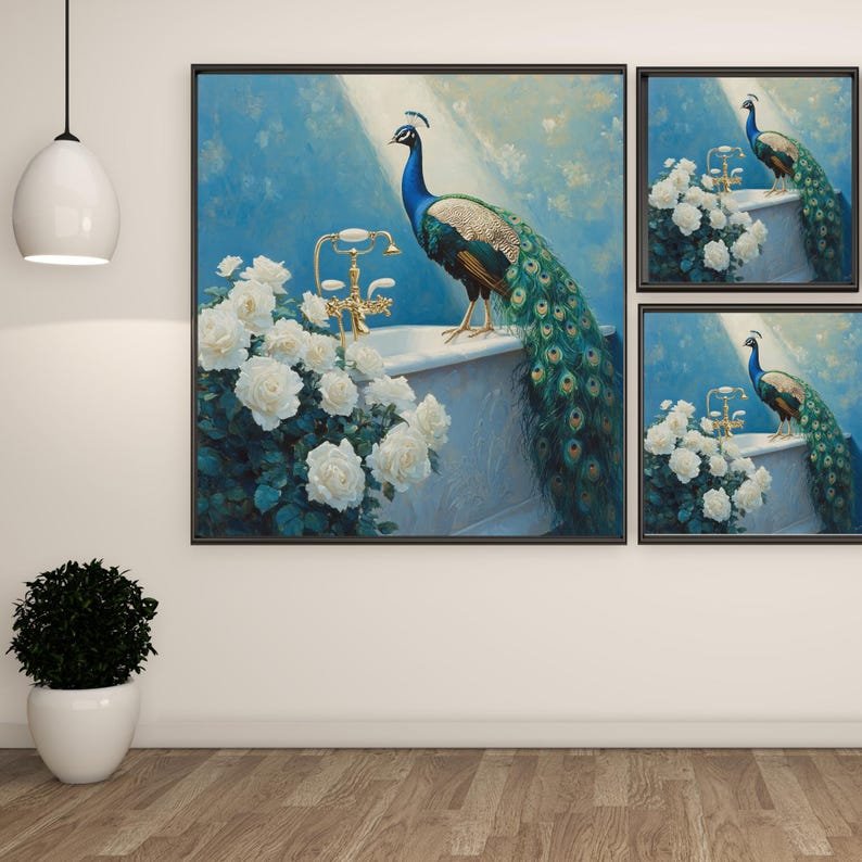 Peacock in Bathtub Art Print: Quirky Bathroom Canvas - Image 2