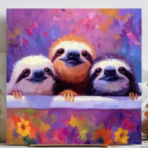 Three Sloths Wall Art, Canvas Or Poster, Whimsical Animal Decor, Living Room Office Nursery Wall Art, Purple Pink Yellow Orange,Bathroom Art