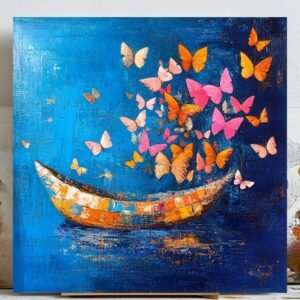 Butterfly Boat Wall Art, Canvas or Poster, Abstract Colorful Decor, Modern Wall Hanging, Whimsical Blue Orange Pink Painting, Home Decor