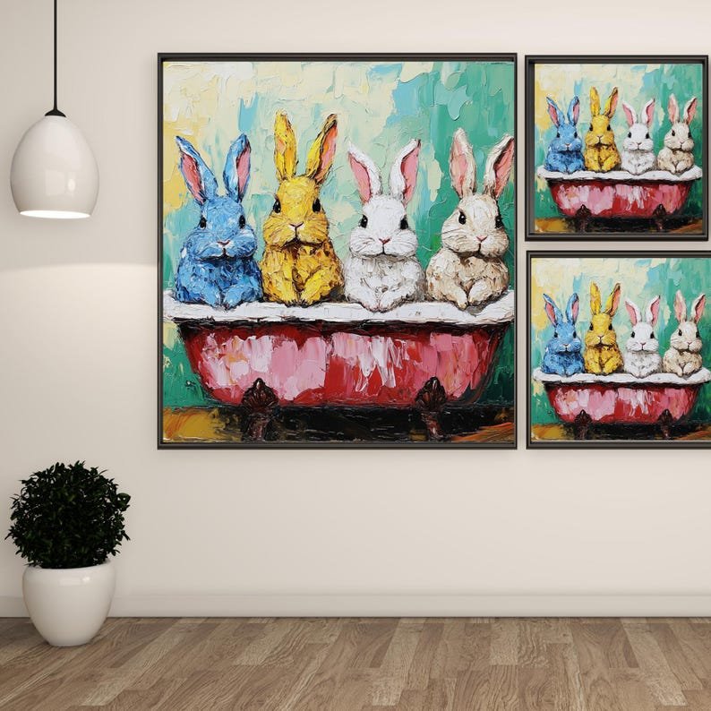 Colorful Bunny Bathtub Art, Canvas or Poster, Whimsical Bathroom Decor, Kids Room or Nursery Wall Art, Blue Yellow White Bunny Painting - Image 2