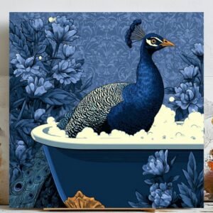 Peacock in Bathtub Wall Art, Canvas Or Poster, Funny Bathroom Decor, Blue Floral Peacock Painting, Quirky Animal Wall Decor, Powder Room Art