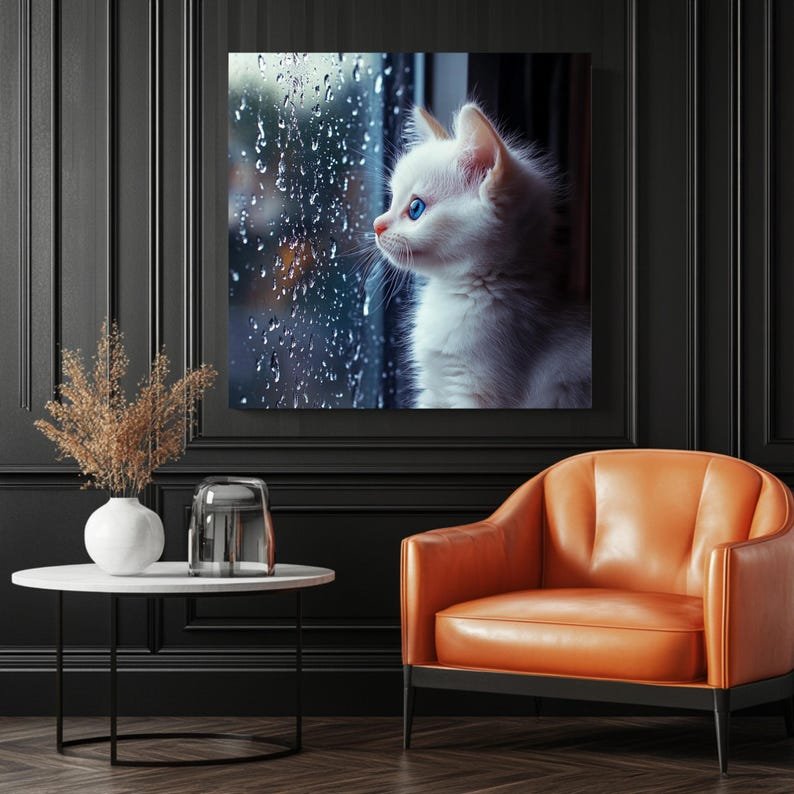 White Kitten Canvas Or Poster, Cat Wall Decor, Home Decor, Living Room Decor, Bedroom Decor, Rainy Day Poster,Rain Window Scene,Blue Eye Cat - Image 3