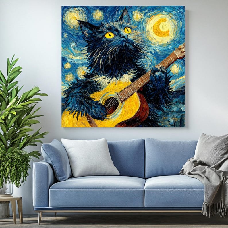 Starry Night Cat Playing Guitar, Canvas Or Poster, Animal Wall Art, Music Room Decor, Cat Lover Gift, Whimsical Cat Illustration, Home Decor - Image 4