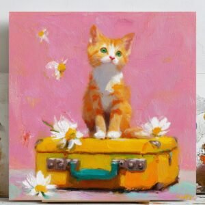 Ginger Kitten on Suitcase Wall Art, Canvas Or Poster, Pink Nursery Decor, Whimsical Cat Painting, Daisy Flower Art, Gift for Cat Lovers Art
