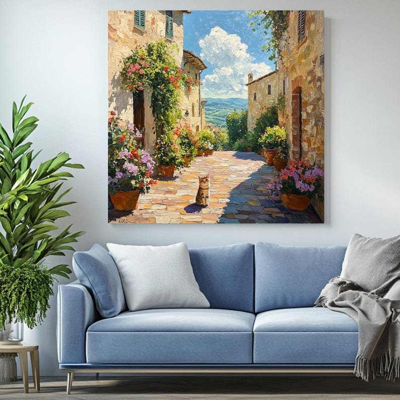 Floral European Street, Poster or Canvas, Cat Wall Art, Mediterranean Art, Street Scene Decor, Floral Wall Décor,Urban Decor,Cat Lovers Gift - Image 4