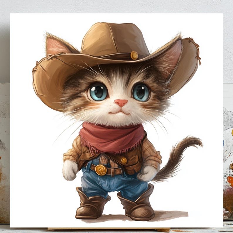Cowboy Cat Wall Art, Canvas or Poster, Western Nursery Decor, Cute Kitten Illustration, Kids Room Wall Art, Animal Lover Gift, Home Decor