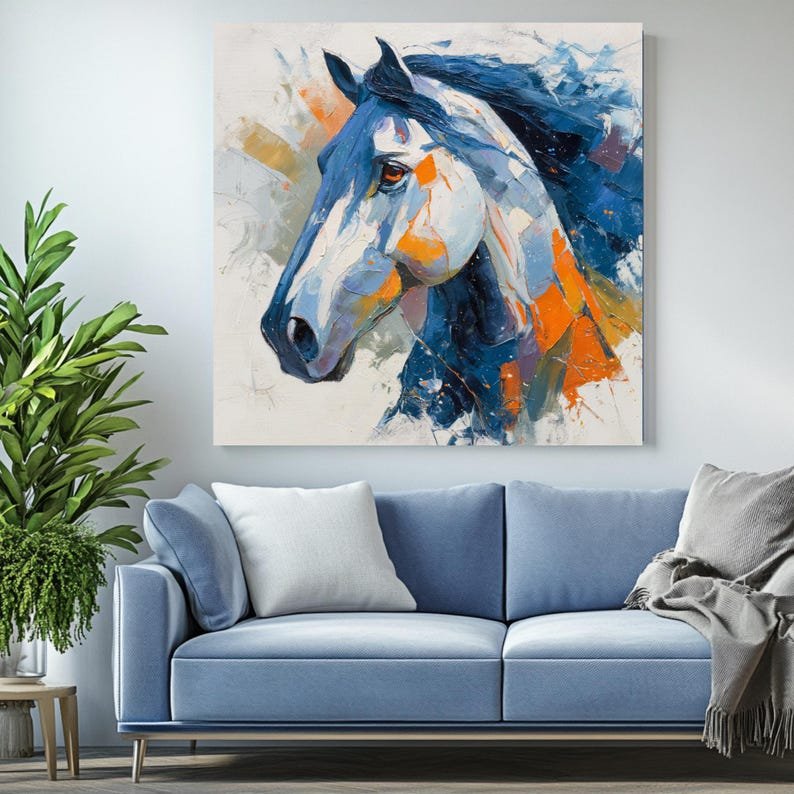 Abstract Horse Wall Art, Canvas or Poster, Modern Equestrian Decor, Blue Orange Horse Painting, Living Room Wall Decor,Horse Lover Gift Idea - Image 3