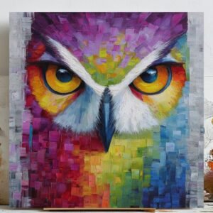 Colorful Owl Face Wall Art, Impasto Oil Painting Print, Bird Lover Gift, Modern Boho Decor, Wildlife Artwork, Living Room Office, Neon Eye