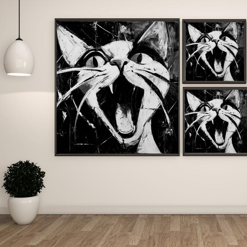 Black And White Cat Wall Art, Canvas Or Poster, Abstract Animal Print, Modern Pet Decor, Expressionist Artwork,Cat Illustration,Cat Painting - Image 2