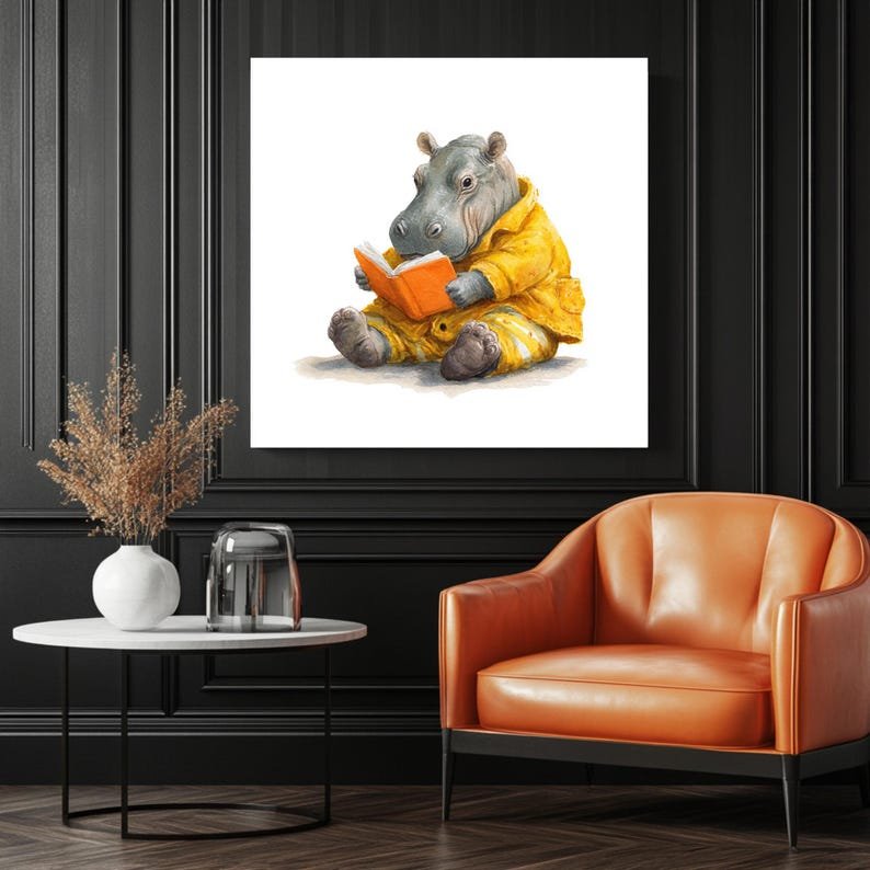 Hippo Reading Book Art, Canvas Or Poster, Kids Decor, Nursery Decor, Animal Wall Art, Living Room Decor, Office Decor, Hippo Wall Hanging - Image 3
