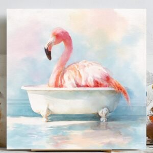 Pink Flamingo In Bathtub, Canvas Or Poster, Bathroom Decor, Bird Wall Art, Bathroom Wall Art, Coastal Art, Flamingo Art, Flamingo Bathroom