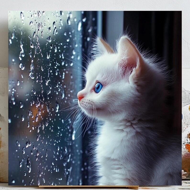 White Kitten Canvas Or Poster, Cat Wall Decor, Home Decor, Living Room Decor, Bedroom Decor, Rainy Day Poster,Rain Window Scene,Blue Eye Cat