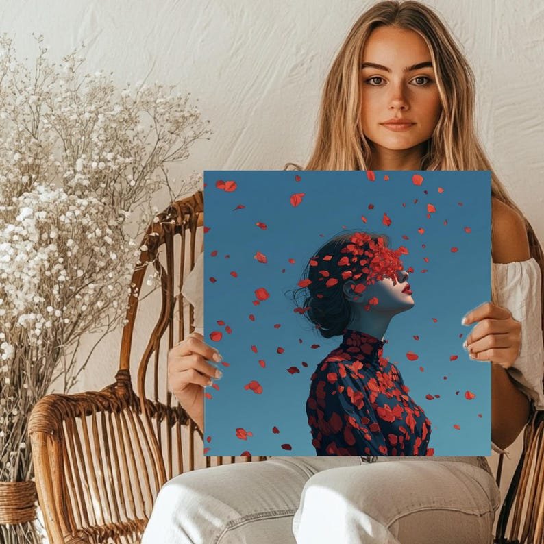Red Petal Woman Wall Art, Canvas or Poster, Surreal Flowers Art, Home Decor, Bedroom Living Room Office Wall Hanging, Surreal Woman Art - Image 5