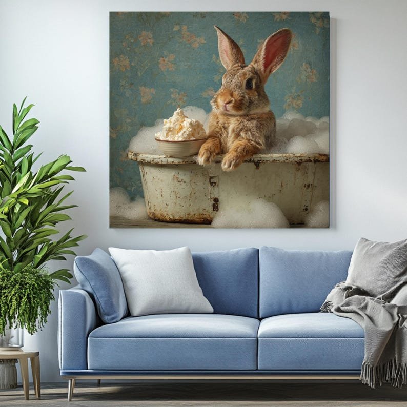 Bunny in Bathtub Wall Art, Canvas or Poster, Rabbit Bathroom Decor, Whimsical Animal Art, Shabby Chic Nursery Decor, Funny Bathroom Hanging - Image 3