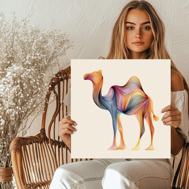 Abstract Camel Wall Art, Canvas or Poster, Colorful Line Art Animal Decor, Modern Desert Theme, Living Room Decor, Unique Art Gift, Boho Art - Image 4