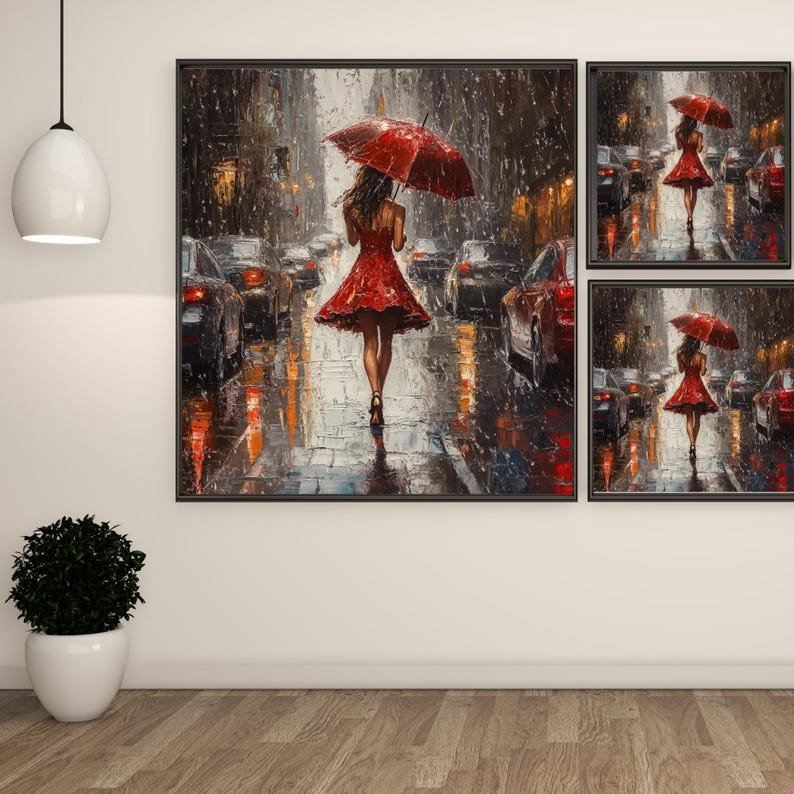 Rainy Street Wall Art, Canvas Or Poster, Modern Decor, Living Room Decor, Contemporary Art, Home Wall Art, Woman in Red Dress Painting - Image 2