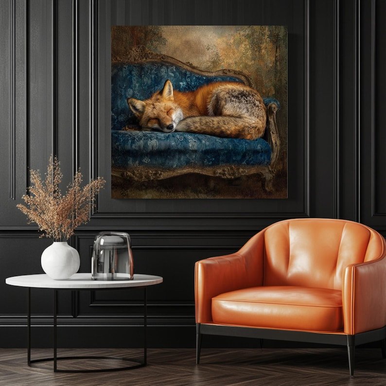 Sleeping Fox on Blue Sofa Art, Canvas or Poster, Rustic Glam Decor, Living Room Bedroom Office Wall Art, Brown Blue Gold Woodland Scene - Image 3