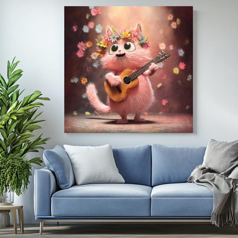 Whimsical Cat Wall Art, Canvas Or Poster, Pink Cat Playing Guitar, Bohemian Floral Decor, Nursery Wall Hanging, Cute Animal Art, Home Decor - Image 4