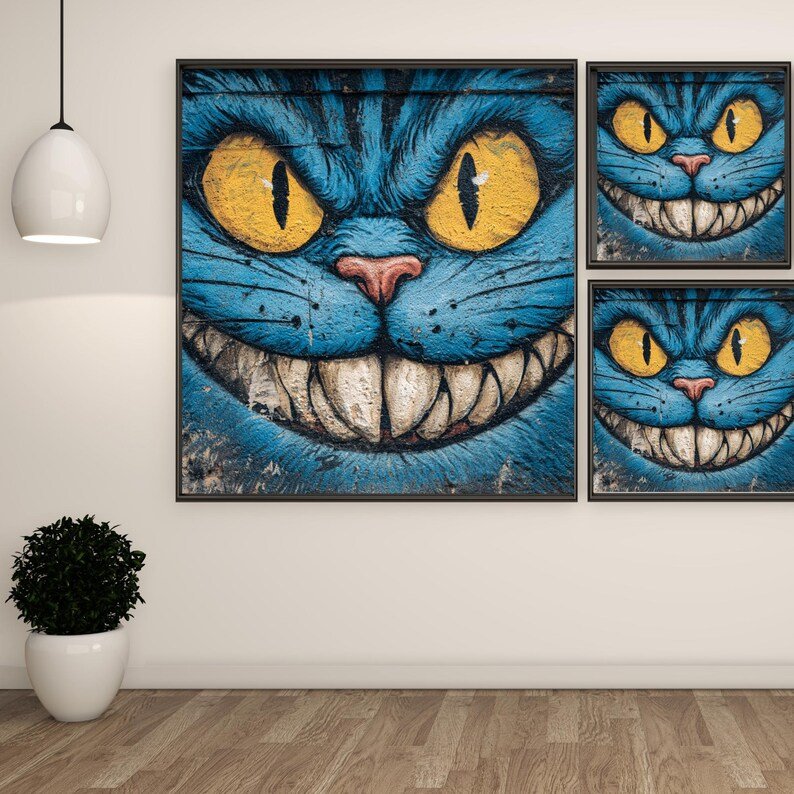 Cheshire Cat Wall Art, Canvas Or Poster, Blue Graffiti Cat Decor, Alice In Wonderland Art, Modern Street Art, Urban Home Decor, Gamer Room - Image 2