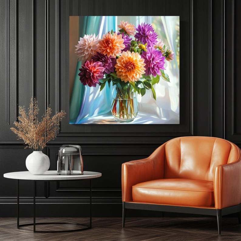 Dahlia Wall Art, Floral Bouquet Print, Glass Vase Flower Art, Flower Decor, Botanical Art Print, Floral Home Decor, Gift For Mom, Wall Art - Image 3