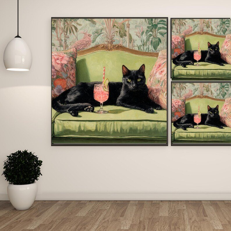 Black Cat on Sofa Wall Art, Canvas or Poster, Whimsical Animal Decor, Living Room Bedroom Lounge Wall Art, Cat Wall Hanging, Cat Art - Image 2