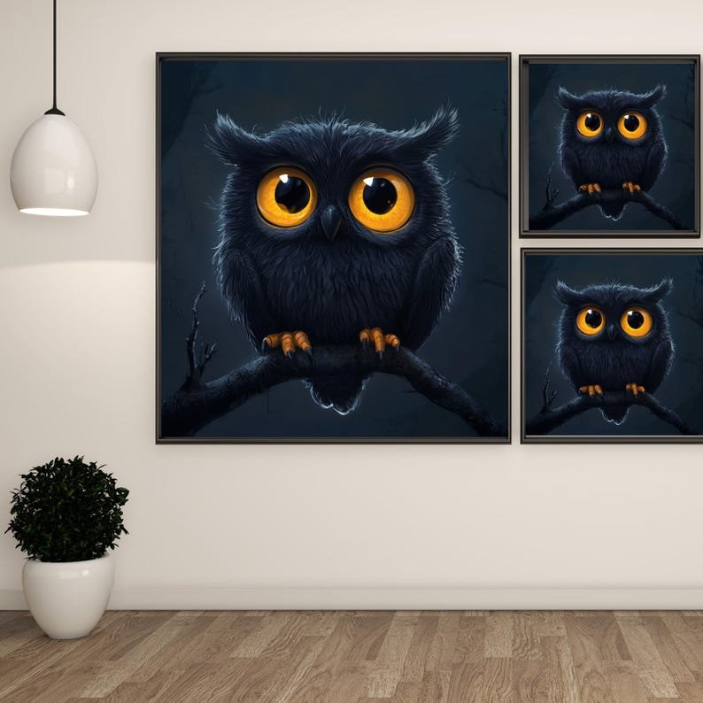 Charming Night Owl Art, Canvas or Poster, Whimsical Animal Decor, Children's Room Bedroom Living Room Office Art, Black Yellow Grey White - Image 2
