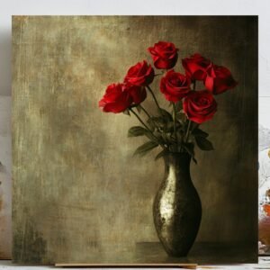 Red Rose Bouquet Art Print: Vintage Floral Vase Decor