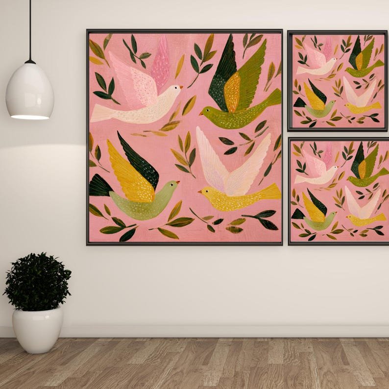 Colorful Birds Wall Art, Canvas or Poster, Whimsical Nature Decor, Living Room Bedroom Nursery Wall Art, Pink Green Yellow Design, Home Art - Image 2