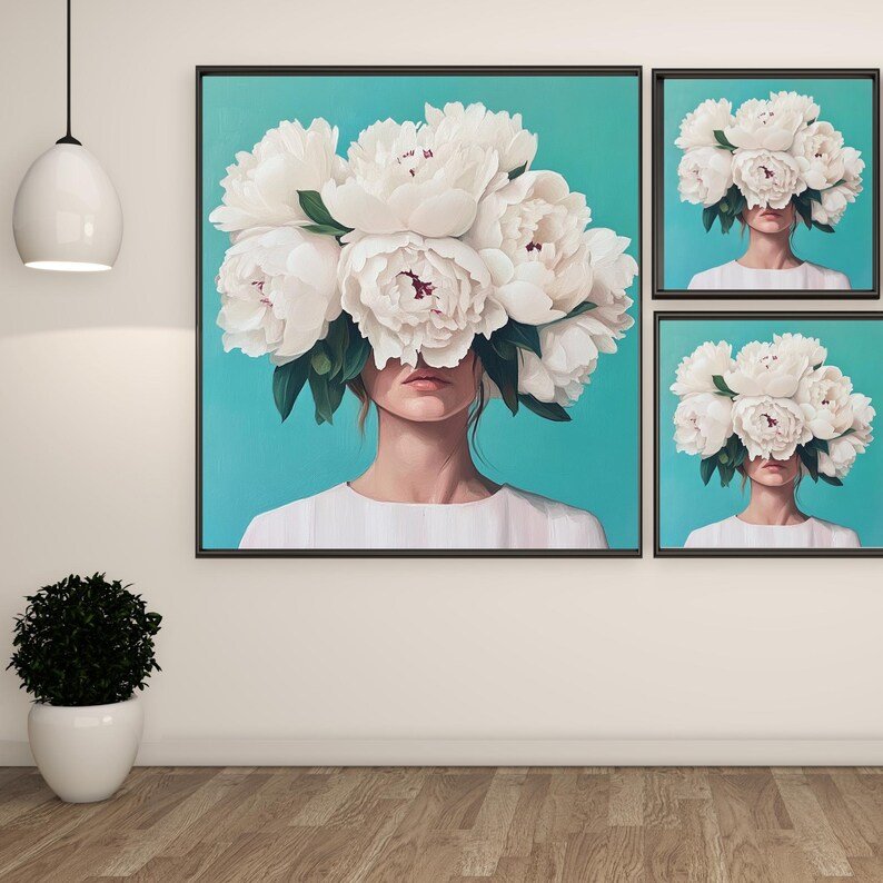 Floral Woman Portrait, Canvas or Poster, White Peony Wall Art, Modern Feminine Art, Living Room Bedroom Wall Art, Home Decor, Surreal Woman - Image 2