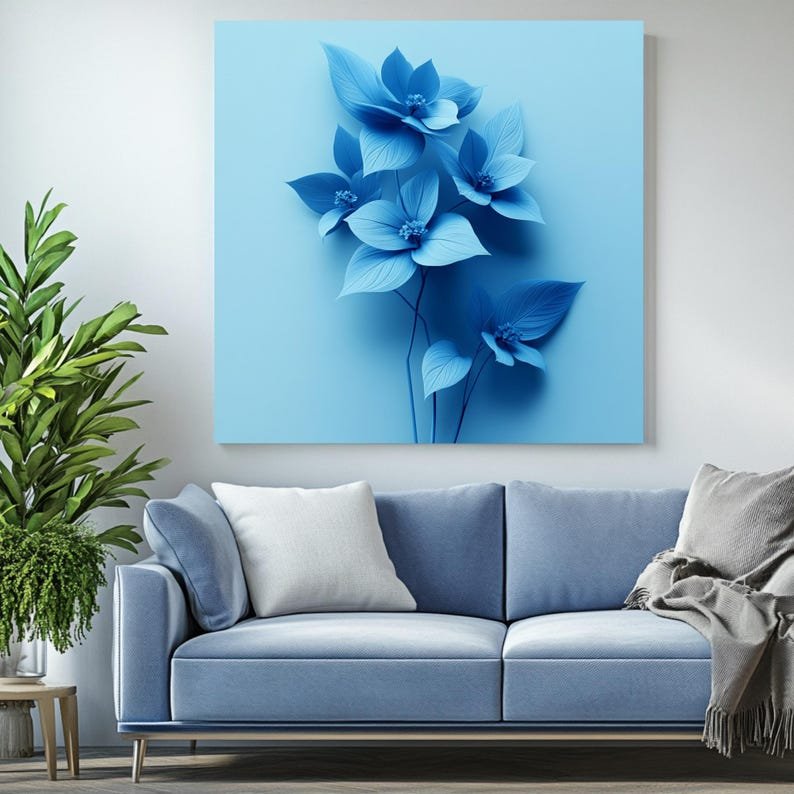Monochrome Blue Flower Print: Minimalist Floral Canvas Art - Image 4