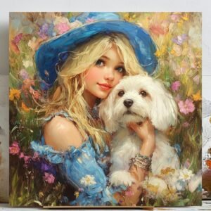 Blonde Woman and White Dog Canvas or Poster, Feminine Portrait Wall Art, Colorful Floral Painting, Bedroom Wall Hanging, Gift for Dog Moms