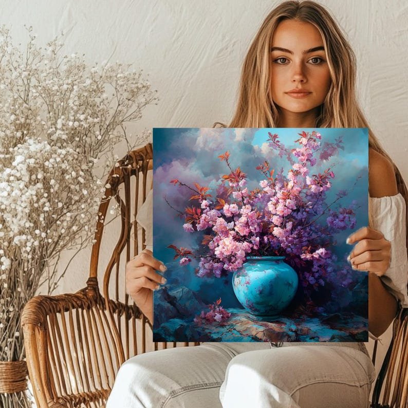 Cherry Blossom Wall Art, Canvas Or Poster, Pink Sakura Flowers In Teal Vase, Floral Painting, Living Room Decor, Romantic Bedroom Wall Art - Image 5