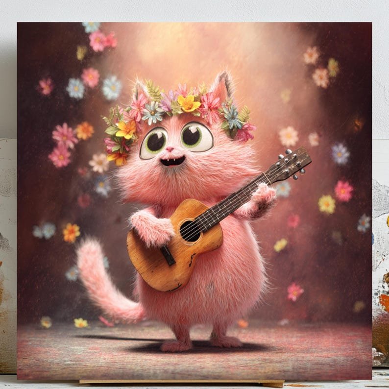 Whimsical Cat Wall Art, Canvas Or Poster, Pink Cat Playing Guitar, Bohemian Floral Decor, Nursery Wall Hanging, Cute Animal Art, Home Decor