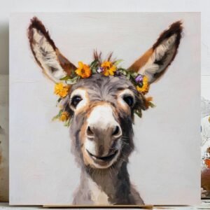 Flower Donkey Wall Art, Canvas Or Poster, Rustic Farmhouse Wall Decor, Whimsical Animal Art, Country Home Wall Hanging, Floral Donkey Print