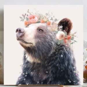 Floral Bear Wall Art, Canvas Or Poster, Woodland Animal Decor, Rustic Cabin Wall Art, Nature Inspired Artwork, Bear Wall Hanging, Bear Art