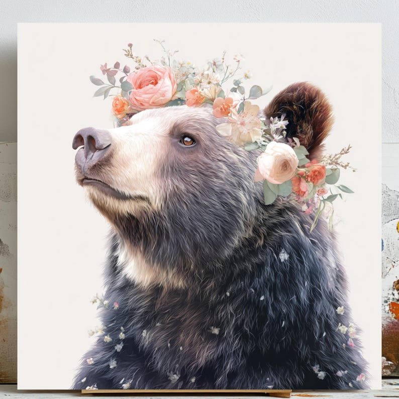 Floral Bear Wall Art, Canvas Or Poster, Woodland Animal Decor, Rustic Cabin Wall Art, Nature Inspired Artwork, Bear Wall Hanging, Bear Art