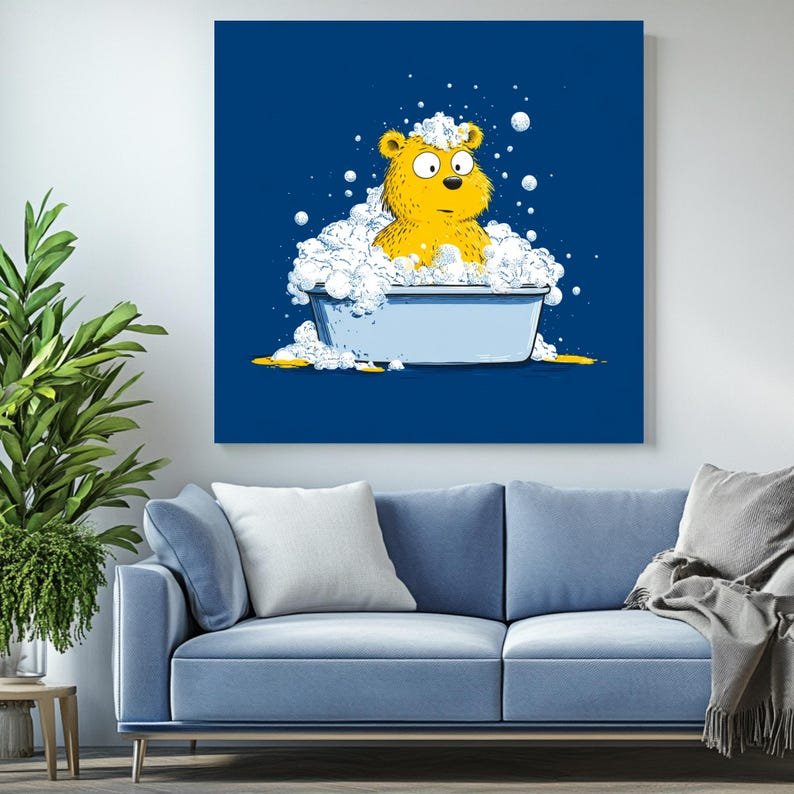 Yellow Bear Bath Wall Art, Canvas Or Poster, Bathroom Decor, Cute Animal Print, Nursery Wall Art, Funny Bear Painting, Kids Wall Decor - Image 4