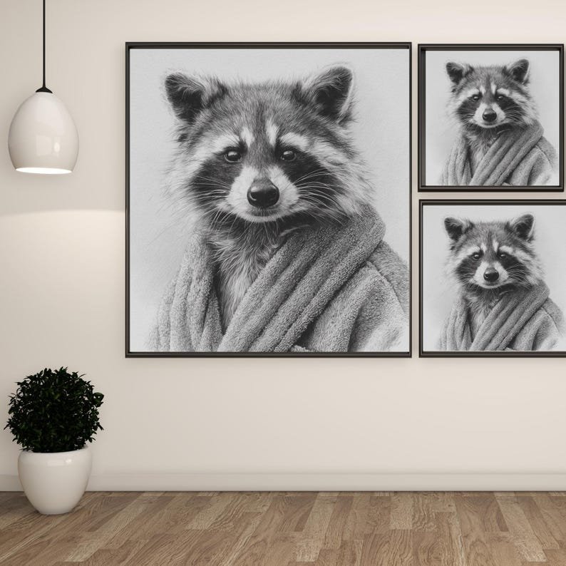 Raccoon In Bathrobe Art, Canvas Or Poster, Black And White Animal Wall Art, Bathroom Wall Decor, Cute Raccoon Print, Bathroom Art - Image 2