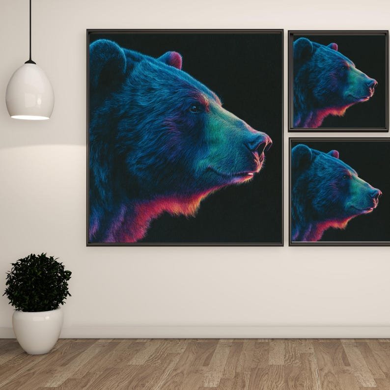 Neon Bear Portrait Art, Canvas Or Poster, Unique Wall Decor, Living Room Decor, Home Decor, Wildlife Frame Decor, Modern Bear, Room Decor - Image 2