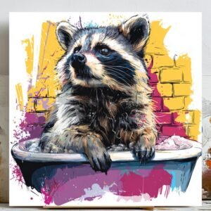 Raccoon in Bathtub Wall Art, Canvas Or Poster, Funny Bathroom Decor, Colorful Pop Art Print, Trash Panda Art, Modern Bathroom Wall Decor